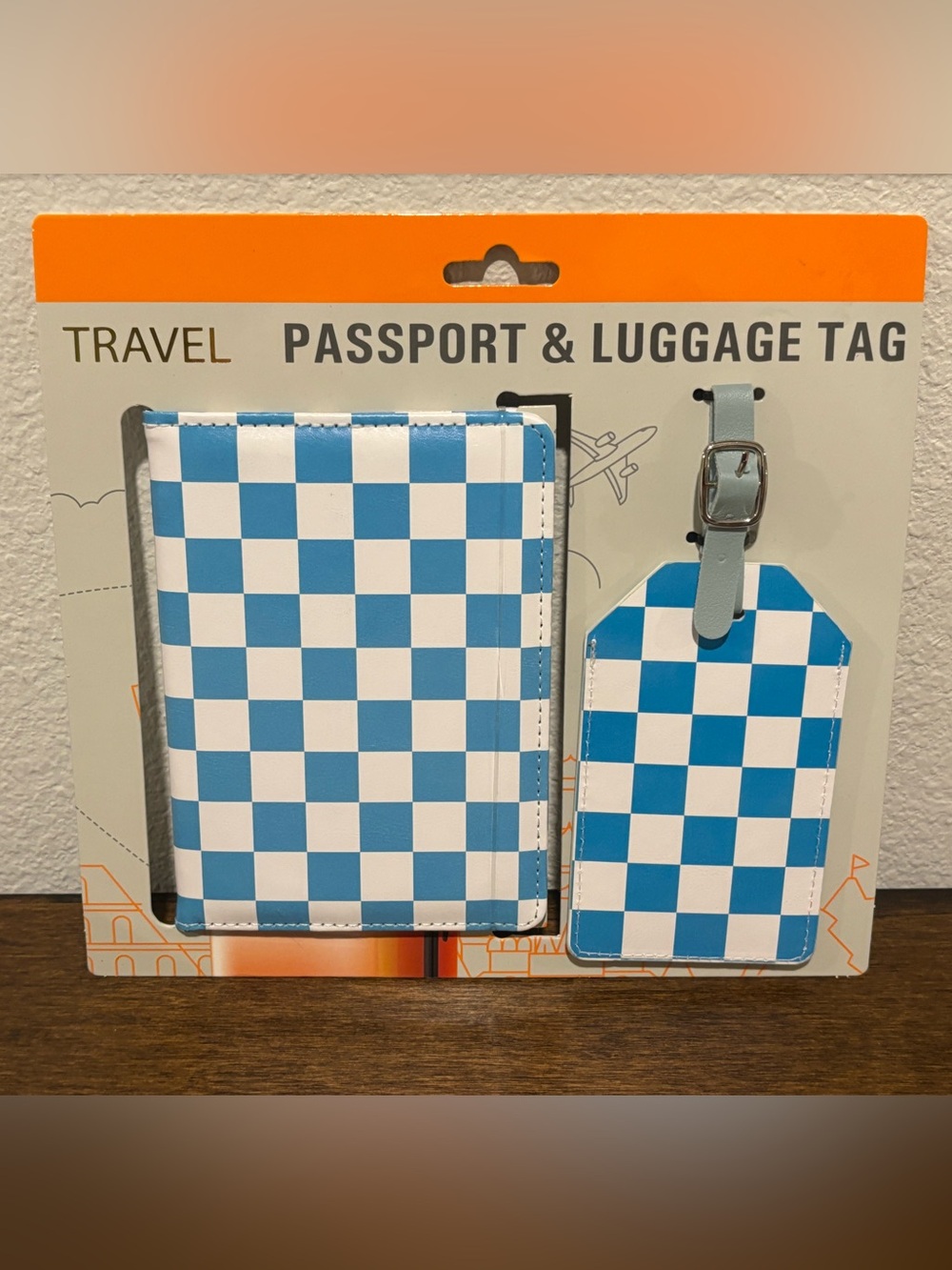 Checkerboard Passport Cover & Luggage Tag - Blue & White